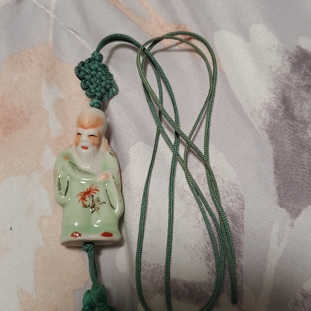 Green Luck God Fukurokuju Ceramic Pendant Necklace - Picture 3 of 8
